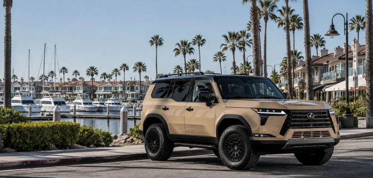 Rim repair Huntington Beach: tan Lexus GX at the Huntington Harbour marina