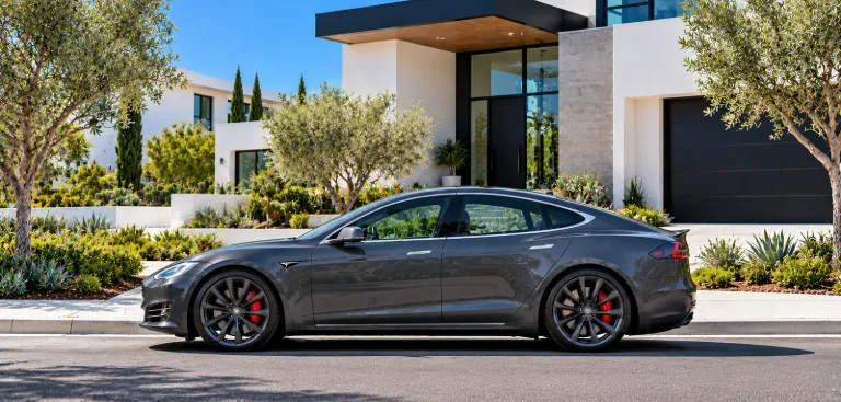 Mobile Wheel Repair Irvine Wheel repair Irvine: gray Tesla Model S parked outside a modern home in Irvine