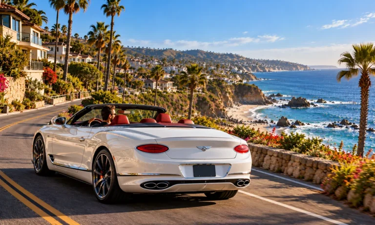 Rim repair Laguna Beach: white Bentley convertible on the coast road