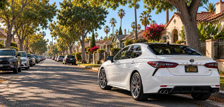 Wheel repair Santa Ana: white Toyota Camry XSE parked on a tree-lined street of Spanish-style bungalows in Santa Ana